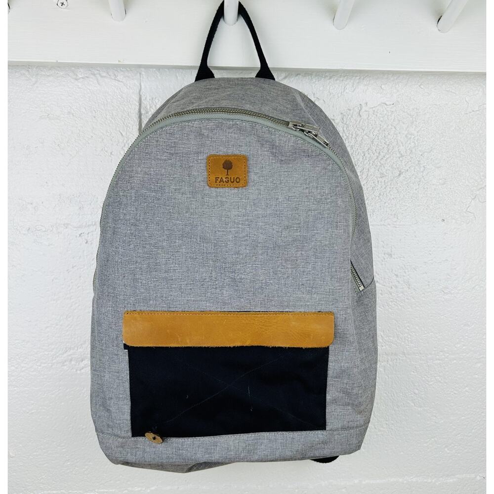 Faguo Gray Backpack Canvas Leather Trim Navy Pocket Sustainable Casual Bag